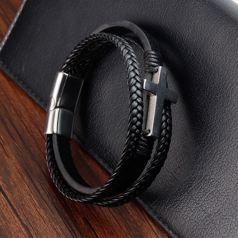 Men's Multi Layer Braided Leather Bracelet With Stainless Steel Cross Charm And Magnetic Clasp Fashion Jewelry Gift