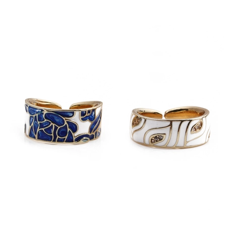 Anello Aperto Smalto Blu Bianco Motivo Onda Rame Placcato Oro Regolabile Micro Pave Zircone Gioielli Eleganti Donna