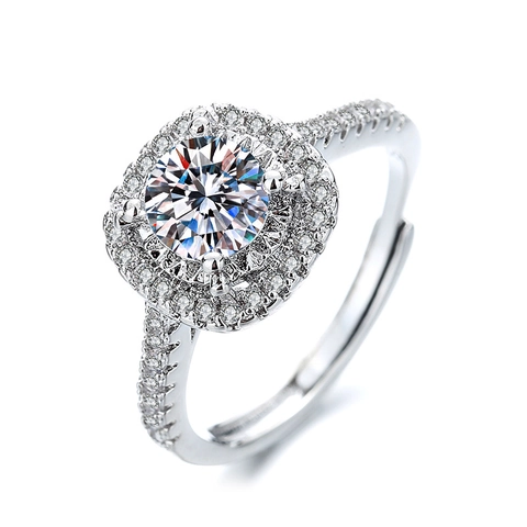 Geometric Moissanite Zircon Copper Ring For Women Adjustable Open Wedding Proposal Jewelry Silver Tone