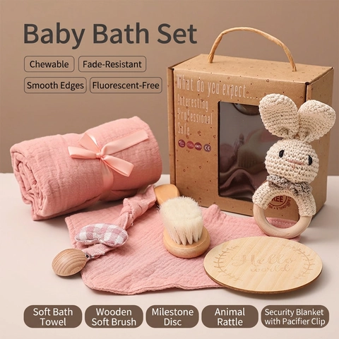 Newborn Baby Gift Box Cotton Muslin Swaddle Blanket Crochet Animal Rattle Wooden Hair Brush Milestone Card Pacifier Clip