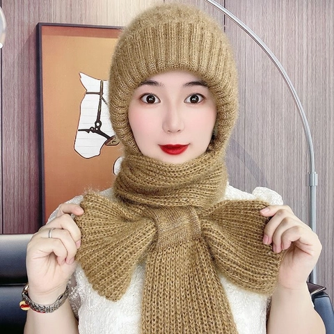 Integrated Winter Knit Hat Scarf Set Women Warm Fleece Lined Windproof Ear Protection Neck Warmer Outdoor Beanie With Bow