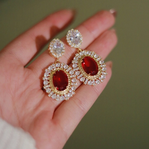 Boucles d'Oreilles Clous en Cuivre Pierre Précieuse Rouge Style Cour Française Vintage Plqué Or Zirconia Incrusté Bijoux de Mariage
