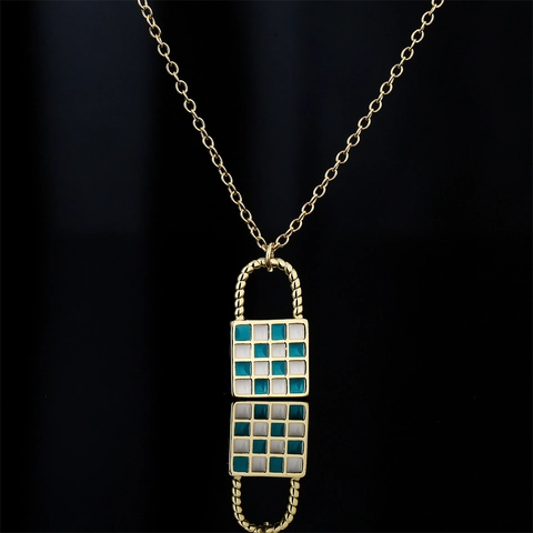 Checkered Lock Pendant Necklace Copper With Zircon Checkerboard Square Enamel Geometric Jewelry For Women