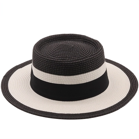 Sombrero Canotier De Paja Copa Plana Ala Ancha Color Empalmado Verano Protección Solar Playa Cinta Moda Elegante Mujer