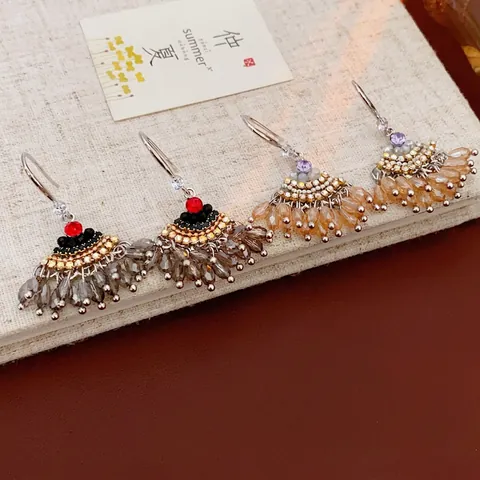 Orecchini Pendenti Bohémien A Forma Di Ventaglio Nappe Rame Zircone Strass Perline Di Cristallo Stile Etnico Per Donna
