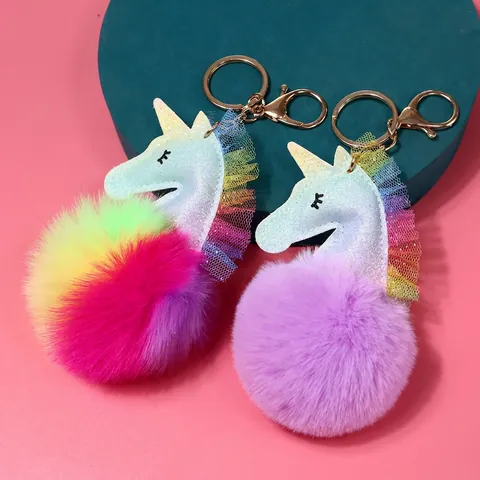 Llavero De Unicornio Con Pompón De Piel Sintética Y Melena De Encaje Arcoíris Cabeza De Cuero Sintético Con Purpurina