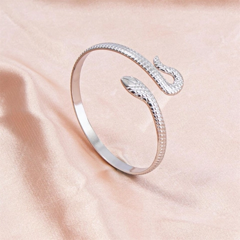 Snake Bracelet Stainless Steel Adjustable Open C-Shape Serpent Cuff With Scale Texture Retro Punk Jewelry For Women