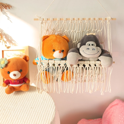 Appeso A Parete In Macramé Corda Di Cotone Intrecciata A Mano Asta Di Legno Decorazione Boho Rete Per Giocattoli Nappine