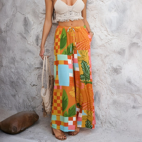 Women Bohemian Wide Leg Pants High Waist Rayon Spandex Drawstring Printed Vacation Casual Long Trousers