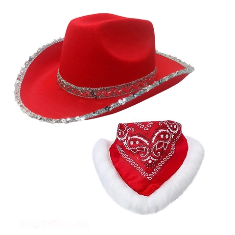 Sombrero De Vaquero De Navidad Y Bufanda Rojo Western Lentejuelas Borde Piel Disfraz Santa Fiesta Accesorios Para Adultos