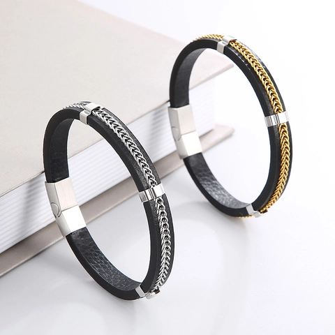 Pulsera De Hombre Acero Inoxidable Cuero Microfibra Cadena Tejida Punk Retro Minimalista Cierre Magnético Joyería