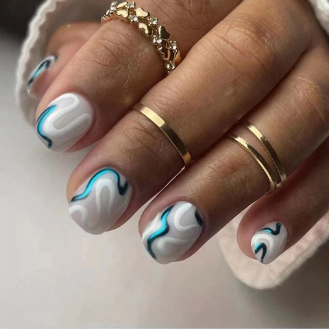 Unghie Finte Press On Bianco Blu Motivo Astratto Ondulato Corte Tonde Quadrate Lucide Per Donne