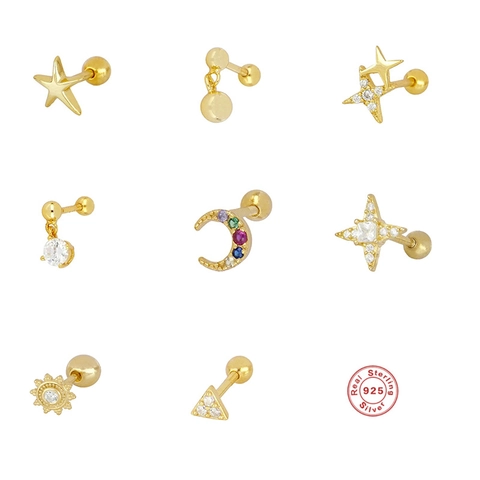Boucles Oreilles Piercing Cartilage Étoile Lune Avec Tige Argent Sterling 925 Et Zircone Fermoir À Vis Bijoux Minimalistes