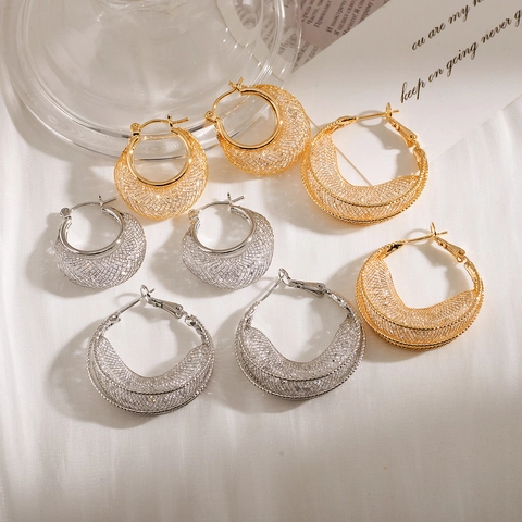 Vintage Luxus Kupfer Hohl Gitter Ohrringe Für Damen Hong Kong Stil Geometrisch Gewebt Gold Silber Nischen Design Schmuck