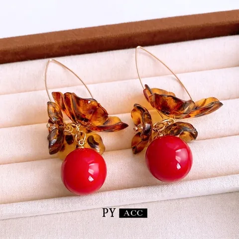 Pendientes De Flores Vintage Acrílico Ámbar Leopardo Pétalo Perla Artificial Roja Con Poste De Pendiente De Plata De Ley 925 Mujer