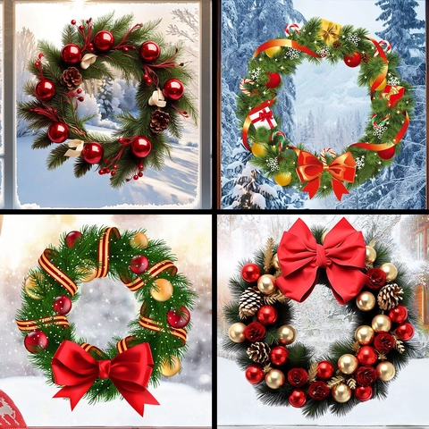 Christmas Wreath Window Sticker PVC Static Cling Pine Needle Berry Glass Decal Xmas Home Decoration Reusable Waterproof