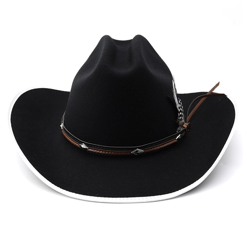 Chapeau De Cowboy Occidental Fedora En Feutre De Polyester À Bord Large Avec Plume Et Bande En Cuir Rivets Métalliques Style Rétro