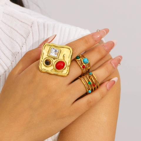 Vintage Bohemian Ring 18K Gold Plated Stainless Steel Inlaid Colorful Natural Stone Irregular Design Jewelry For Women