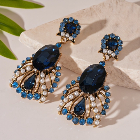 Vintage Baroque Blue Rhinestone Imitation Artificial Pearl Teardrop Dangle Earrings With Silver Earring Post For Women Luxury