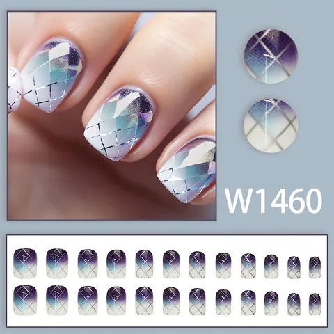 Purple Blue Gradient Press On Nails Silver Lattice Grid Holographic Glitter Square Artificial Fake Nails For Women