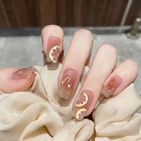 Faux Ongles À Presser Moyens Longs Carrés Ronds Design Citron 3D Gouttelette Eau Strass Dégradé Marron Brillant Pour Femmes