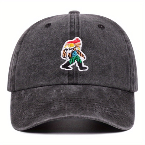 Bigfoot Embroidery Baseball Cap Washed Cotton Distressed Retro Adjustable Dad Hat Outdoor Sun Protection Casual Vintage
