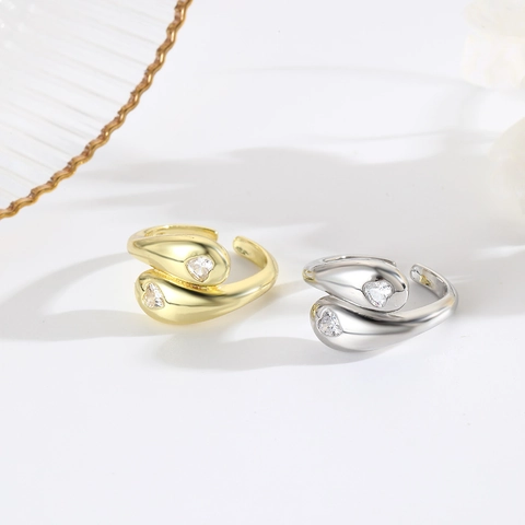 Heart Zircon Open Ring 18K Gold Plated Copper Wrap Snake Design Adjustable Jewelry Gift For Women Simple Elegant