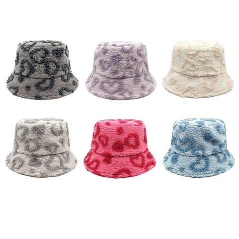 Sombrero De Pescador De Felpa Para Mujer Patrón De Corazón Cálido Sherpa Piel Sintética Suave Moda Casual Exterior