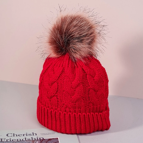 Kids Winter Cable Knit Beanie With Faux Fur Pom Pom Warm Thermal Solid Color Ribbed Cuff Hat