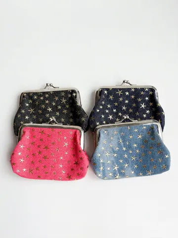 Porte-monnaie Rétro En Tissu Denim Imprimé Étoiles Dorées Fermoir Métallique Mini Pochette Pour Femmes