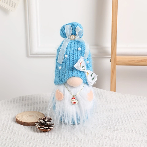 Christmas Gnome Plush Ornament Knitted Faceless Doll With Led Lights Colorful Bows Artificial Pearl Accents Holiday Tabletop Decor