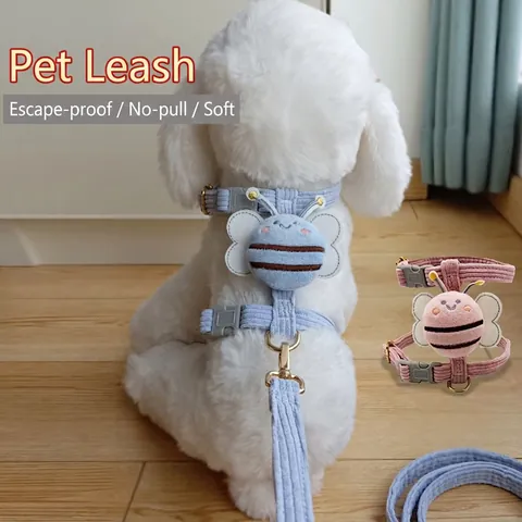 Corduroy Pet Harness And Leash Adjustable Soft Padded Vest For Small Dogs Cats With Cute Cartoon Bee Decor Alloy Buckle