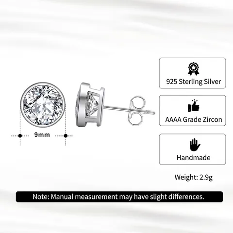925 Sterling Silver Round Brilliant Cut Zirconia Stud Earrings For Women Classic Minimalist Sparkly Jewelry Gift