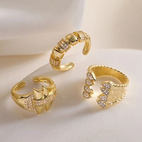 Geometrischer Verstellbarer Offener Ring Kupfer 18K Vergoldet Zirkonia Nischendesign Mode Für Damen