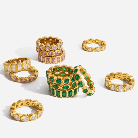 Vintage Luxury Stainless Steel Gold Plated Zirconia Ring Pink Green Geometric Heart Waterdrop Eternity Band For Women Jewelry