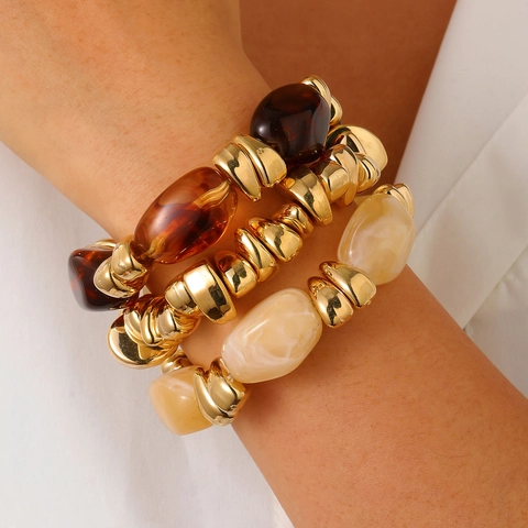Vintage Irregular Resin Beaded Bracelet Set For Women Bohemian Gold Plated Alloy Geometric Marble Pattern Stretch Strand Jewelry