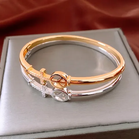 Cross Peace Sign Bangle Bracelet 18K Gold Plated Copper With Cubic Zirconia Minimalist Fashion Jewelry For Women