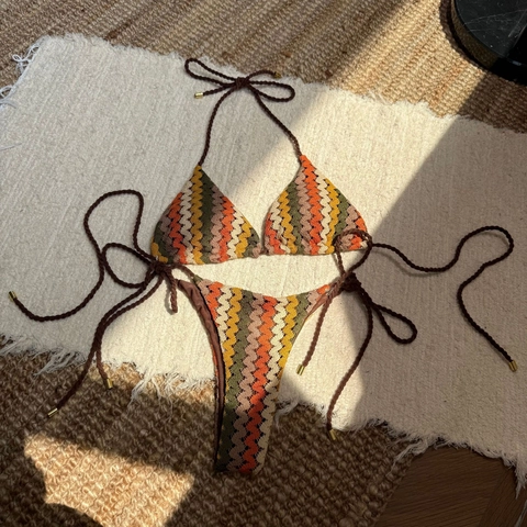 Women Crochet Knitted Halter Bikini Top And Side Tie Bottom Zigzag Wave Pattern Bohemian Beach Swimwear