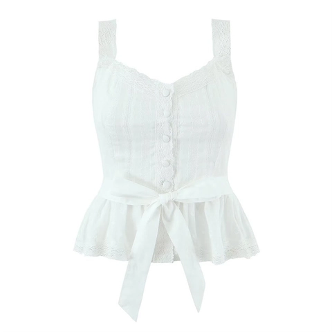 White Cotton Lace Trim Camisole Top And Pleated Mini Skirt Sweet Bow Button Front Casual Streetwear Women