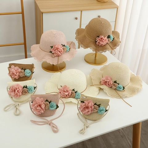 Kids Summer Straw Sun Hat With Matching Flower Bag Girls Sweet Floral Beach Hat Wavy Brim Outdoor Shading Accessories