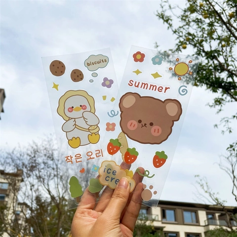 Cartoon Dekosticker Süß Kawaii Bär Hase Ente Wolke Transparent Wasserdicht PVC Für Scrapbooking Journaling DIY Deko