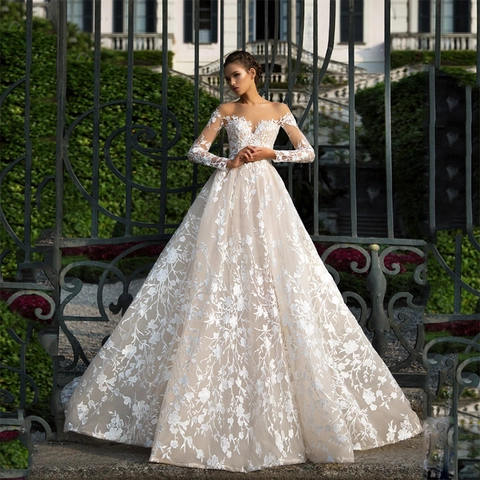 Elegante Trouwjurk Met Blote Schouders Lange Mouwen Rugloos Bloemen Kant Tule Baljurk Met Lange Sleep Voor Bruid