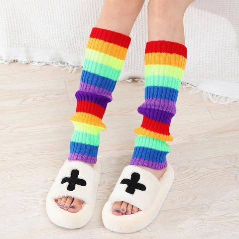 Women Y2K Rainbow Striped Knitted Leg Warmers Academy Style Acrylic Boot Cuffs For Dance Party Cosplay Long Socks Accessory