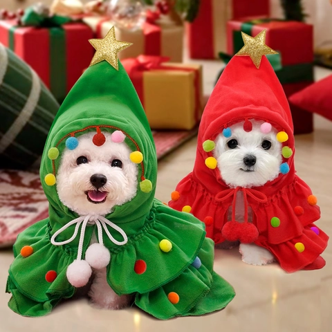 Mantello Di Natale Per Animali Cane Gatto Costume Albero Peluche Mantella Con Cappuccio Pon Pon Colorati Stella Dorata Vestito Da Festa