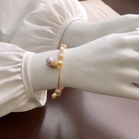 Artificial Pearl Bracelet With Gold Plated Lucky Cat Charm Zirconia French Niche Elegant Jewelry For Women