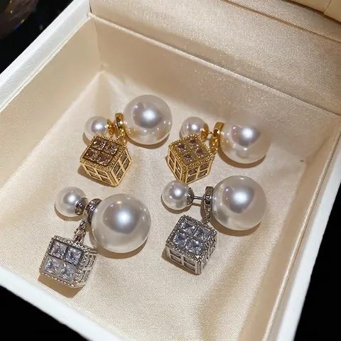 Quadratische Würfel Hängeohrringe Damen Mit Imitationsperle Zirkon Und 925 Sterling Silber Ohrstecker Licht Luxus Vintage
