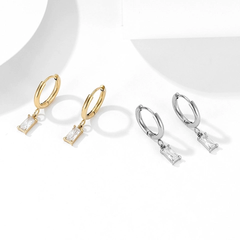 Rechteckige Zirkon Anhänger Hoop Ohrringe Edelstahl Vergoldet Minimalistischer Retro Stil Schmuck Für Damen
