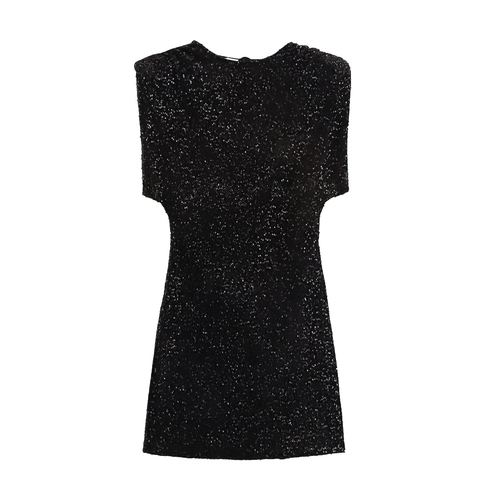 Robe Courte À Paillettes Sans Manches Noir Élégant Soirée Cocktail Style Célébrité Pour Femmes