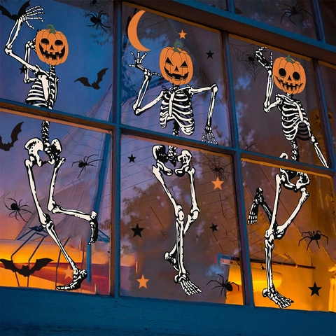 Halloween Wall Stickers PVC Pumpkin Skeleton Bat Spider Scary Funny Party Window Decals Home Decor