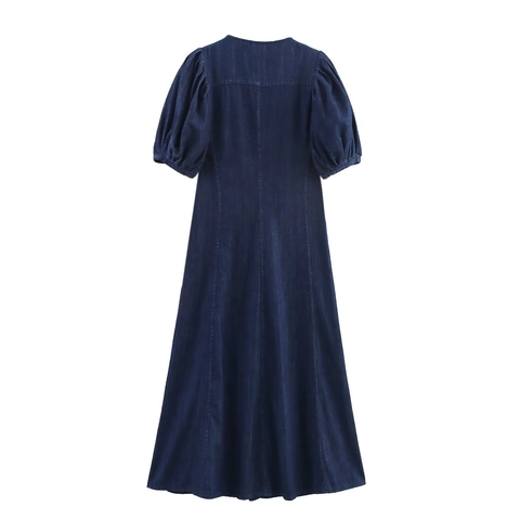 Damen Jeanskleid Puffärmel Rundhals Einfarbig Dunkelblau Midi A-Linie Lässig Elegant Outfit